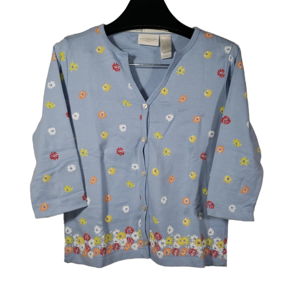 VTG 90s Lizwear Jeans Cardigan Sweater Daisy Floral 3/4 Sleeve V-Neck Spring